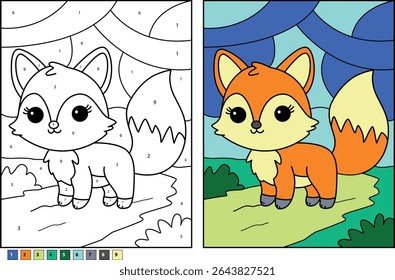 Adorable cartoon fox with a bushy tail, presented as a fun educational color-by-number activity for children, including both the black outline template and the vibrant finished colored illustration.
