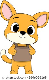 Adorable cartoon fox character with orange fur, big ears, and a brown chest bag
