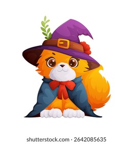 Adorable cartoon fox is dressed in a witch outfit, complete with a pointed hat and cape. Vector illustration of a cute animal celebrating Halloween.