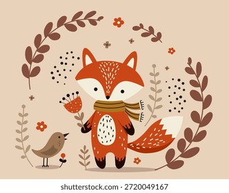 Bezaubernder Cartoon Fuchs freundlich aussehend, sitzt zwischen stilisierten Blumen, Blättern und Herzen auf einem warmen beigen Hintergrund. Perfekt für Kinderdesigns, Naturthemen oder skurrile Projekte.