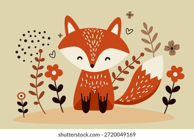Bezaubernder Cartoon Fuchs freundlich aussehend, sitzt zwischen stilisierten Blumen, Blättern und Herzen auf einem warmen beigen Hintergrund. Perfekt für Kinderdesigns, Naturthemen oder skurrile Projekte.