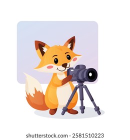 Adorable cartoon fox holding a professional camera on a tripod, smiling and taking a photo. Bright vector illustration in a fun style.  
