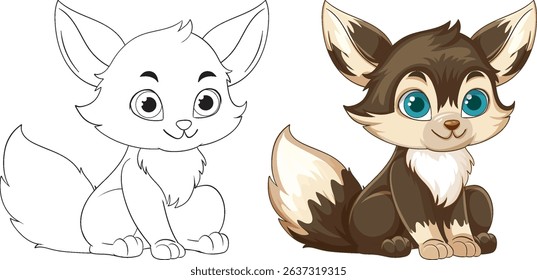 Adorable cartoon fox with large eyes and fluffy tail. Includes both colored and outline versions for versatile use