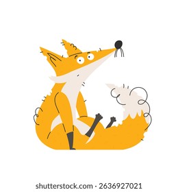 Adorable cartoon fox with orange fur and a creamcolored belly. It is sitting down and looking up with a curious expression on its face. Great for childrens illustrations.