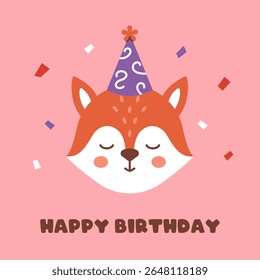 Adorável raposa de desenho animado em chapéu de festa com confete e letras de aniversário feliz. Cartaz vetor plano ou cartão de saudação para comemoração ou temas de festas infantis.