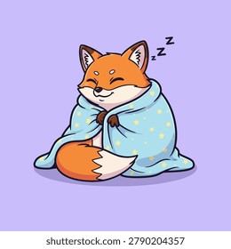 An adorable cartoon fox is peacefully sleeping, wrapped snugly in a light blue blanket adorned with yellow stars.