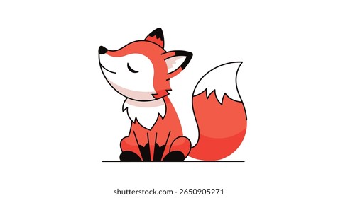 Adorável raposa de desenho animado sentado calmamente com olhos fechados e cauda macia