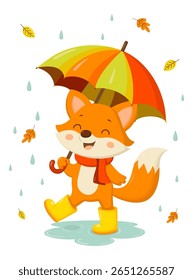 Adorable cartoon fox walking in the rain with a colorful umbrella. Cute autumn illustration with falling leaves, puddles, and raindrops.