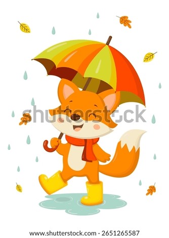 Adorable cartoon fox walking in the rain with a colorful umbrella. Cute autumn illustration with falling leaves, puddles, and raindrops.