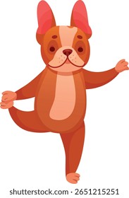 Adorable cartoon french bulldog balancing on one leg in a yoga tree pose, embodying pet wellness and mindfulness while promoting relaxation, health, and playful activity