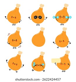 Adorable cartoon fried Chicken Drumsticks showing different emotions and activities on a white background.