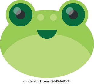Rosto de sapo de desenho animado adorável com grandes olhos redondos e um focinho verde claro, projetado em um estilo simples e divertido adequado para conteúdo infantil ou ilustrações com temas naturais.
