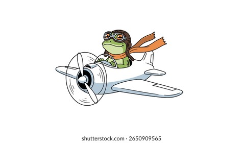 Adorable cartoon frog pilot flying a vintage airplane through the sky adventure awaits in this charming illustration