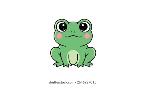 Adorable Cartoon Frog Sitting with Big Eyes and Pink Cheeks on White Background