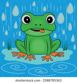 An adorable cartoon frog sitting in the rain, playfully sticking out its tongue.