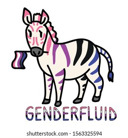 Adorable Cartoon Genderfluid Zebra Clip Art. Gay Safari Animal Icon. Queer Flag Kawaii Motif Illustration Doodle in Flat Color. Isolated Wildlife, Diversity, Gender and equality Character. 