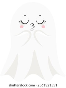 Adorable cartoon ghost with closed eyes, rosy cheeks, and puckered lips blowing a kiss, perfect for Halloween greeting cards, invitations, or children s designs