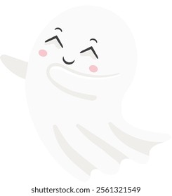 Adorable cartoon ghost floating and waving with a smiling face, perfect for Halloween projects, children s illustrations, and spooky designs