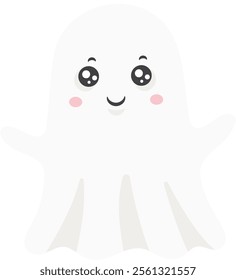 Adorable cartoon ghost with large black eyes and rosy pink cheeks, smiling and waving cheerfully, adding a playful touch to Halloween projects and children s designs