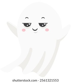 Adorable cartoon ghost with smiling expression and arms raised, floating against a white background, creating a whimsical and playful Halloween scene