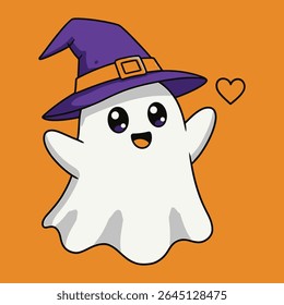Adorable Cartoon Ghost Wearing a Witch Hat Radiating Love in a Spooky yet Heartwarming Halloween Celebration Illustration