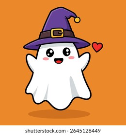 Fantasma de Desenho Animado Adorável com um Chapéu de Bruxa Espalhando Alegria de Halloween com Felicidade Heartfelt e Charme Festivo em um Fundo Laranja