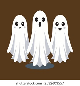 Adorable cartoon ghosts in cute halloween-themed design, Friendly ghost characters in a fun, playful style illustration.