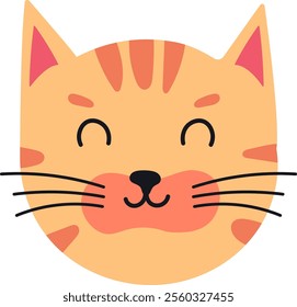 Adorable cartoon ginger cat face with closed eyes, smiling widely and showcasing charming whiskers, radiating happiness and playful feline innocence