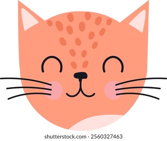 Adorable cartoon ginger cat face with closed eyes, smiling and winking, showing happiness and joy, ideal for children products, prints, and playful designs