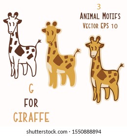 Adorable Cartoon Giraffe Clip Art Set . Childish Safari Animal Icon. Hand Drawn Kawaii Kid Motif Illustration Doodle in Flat Color. Isolated Baby, Nursery and Pastel Childhood Character. Vector EPS 10