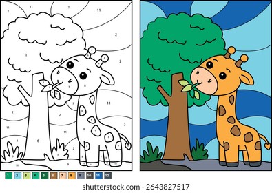 Adorable Cartoon Giraffe Eating Green Leaves from a Tree Illustration with Color by Number Template and Completed Version for Children's Educational Activity Book or Kids' Crafts
