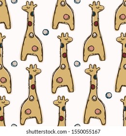 Adorable Cartoon Giraffe Seamless Vector Pattern. Hand Drawn Kawaii Safari Animal Background Illustration. Kid Doodle in Flat Color for Baby, Nursery & Child Cute Wallpaper, Textile Home Decor. EPS 10