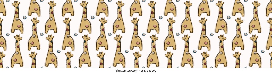 Adorable Cartoon Giraffe Seamless Vector Border Pattern. Hand Drawn Kawaii Safari Animal Banner Background Illustration. Kid Doodle in Flat Color for Baby, Nursery & Child Cute Washi Paper Trim EPS 10