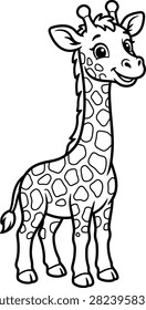 Adorable cartoon giraffe standing gracefully in black and white line art vector illustration for kids coloring page.