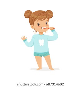 Adorable cartoon girl brushing her teeth, kids dental care vector Illustration