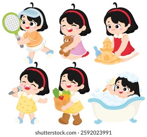 Adorable cartoon girl enjoying fun daily activities like playing, shopping, singing, and bathing in a cheerful and cute style  