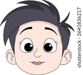 Adorable cartoon girl face with big eyes, soft smile, and spiky black hair.