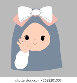 Adorable cartoon girl in hijab, giving an "OK" sign.  Pastel color palette, minimalist style. Perfect for children's products, websites, or social media.  Cheerful and positive vibe.