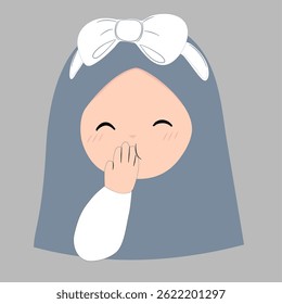 Adorable cartoon girl in hijab, hand over mouth, giggling.  Simple, minimalist style, pastel colors. Perfect for children's books, websites, social media, and branding.
