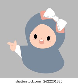 Adorable cartoon girl in hijab points playfully.  Minimalist design, cheerful expression, pastel colors. Perfect for children's books, websites, blogs, or social media.