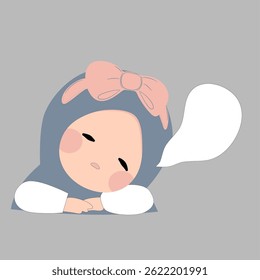 Adorable cartoon girl in hijab resting her head on a table, a dreamy expression on her face accompanied by a blank speech bubble.