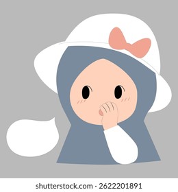 Adorable cartoon girl in hijab and sunhat, hand to mouth in a cute, surprised expression.  Minimalist style, perfect for websites, apps, children's books, or social media.