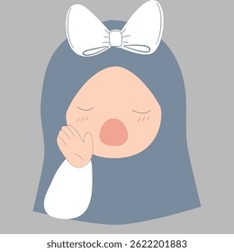 Adorable cartoon girl in hijab yawning sweetly, showcasing a minimalist design with pastel colors.  Perfect for blogs, social media, children's products, and wellness themes.