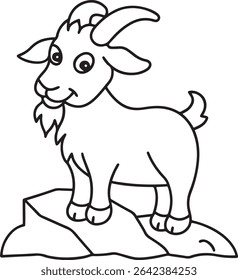 Adorável cabra de desenho animado em pé sobre uma rocha, perfeito para livros infantis, páginas de coloração, ou materiais educativos.  Estilo de arte de linha simples.