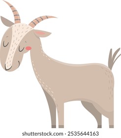 Adorable cartoon goat with striped horns and a gentle expression, standing peacefully on a white background, perfect for children s illustrations or animal themed projects