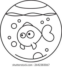 Adorable cartoon goldfish swimming in a bowl, outlined in black and white.  Perfect for children's books, coloring pages, or educational materials.
