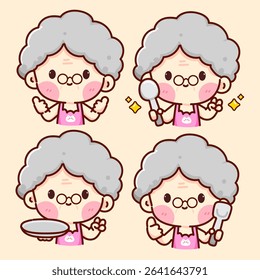 Adorable cartoon grandma character in pink apron, holding spoon and plate in various cooking poses. Perfect for kitchen, food, or recipe themes.