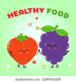 Adorable Cartoon Grape and Strawberry characters hold hands on a green background, encouraging kids to enjoy healthy food choices. Vector hand drawn cartoon kawaii character illustration icon.