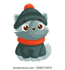 Adorable cartoon gray cat dressed in a cozy winter outfit with a pom-pom hat and scarf, sitting on a white background. Cute Cartoon Gray Cat in Winter Outfit