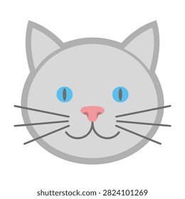 Adorable cartoon grey cat face with blue eyes, pink nose, and whiskers, smiling sweetly